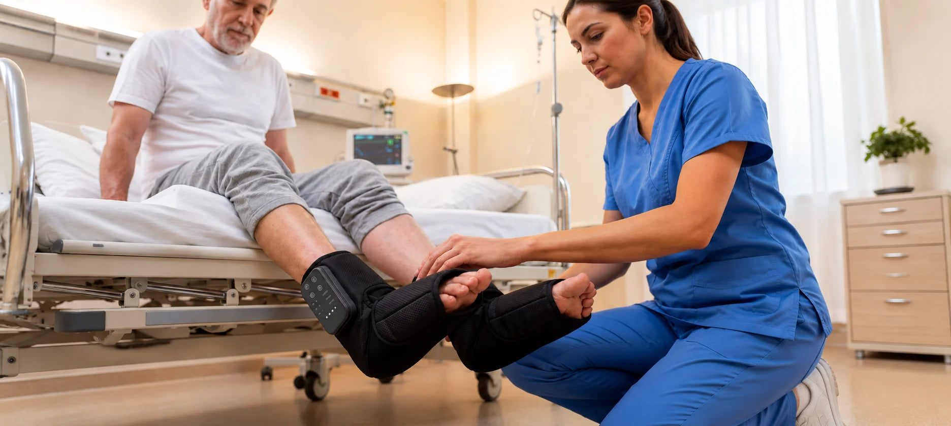 Hospital-grade foot compression therapy concept showing clinical air compression use