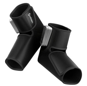 Pair of black Soothekin air compression foot massagers with adjustable ankle wraps and control units.