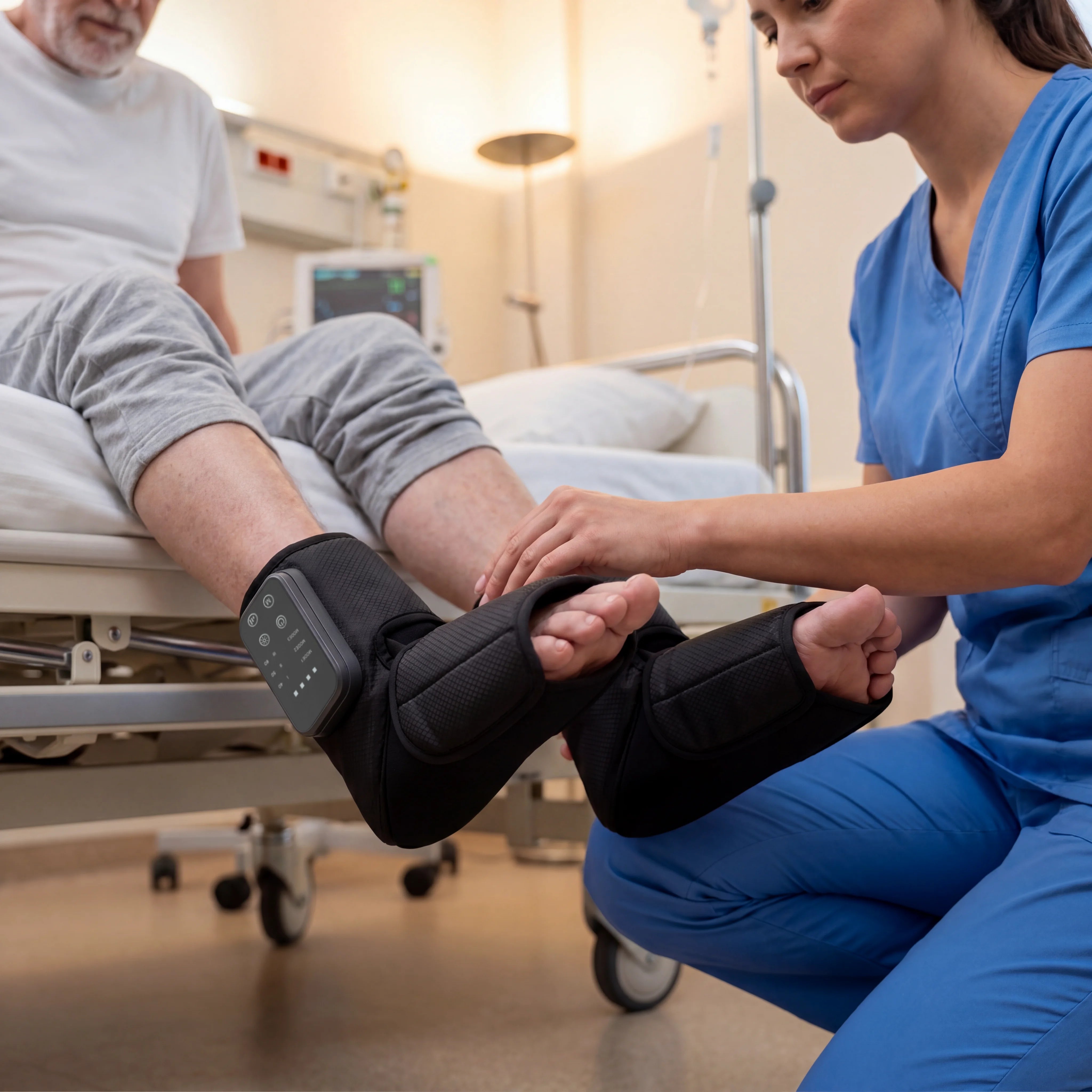 Caregiver assisting with Soothekin foot and ankle massager for comfort support