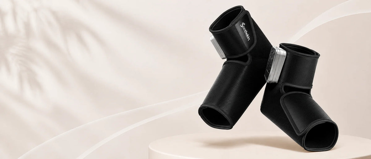 Soothekin foot and ankle air compression massager displayed on a minimalist beige studio banner