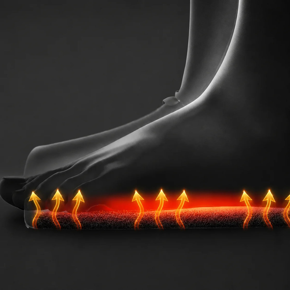 infrared heat therapy applied to the sole of the foot showing warmth penetration and blood circulation support for pain and fatigue relief.