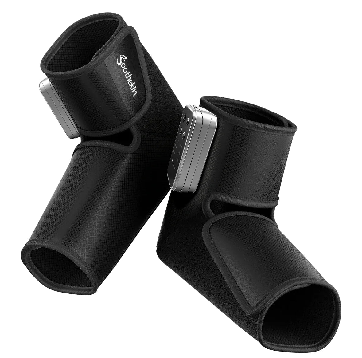Pair of black Soothekin air compression foot massagers with adjustable ankle wraps and control units.