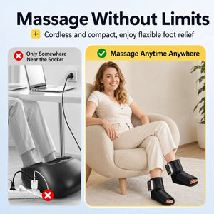 Comparison image showing Soothekin cordless foot massager used anywhere without staying near a wall outlet.