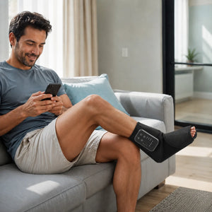 Man relaxing on a sofa while using Soothekin cordless foot and ankle massager at home.
