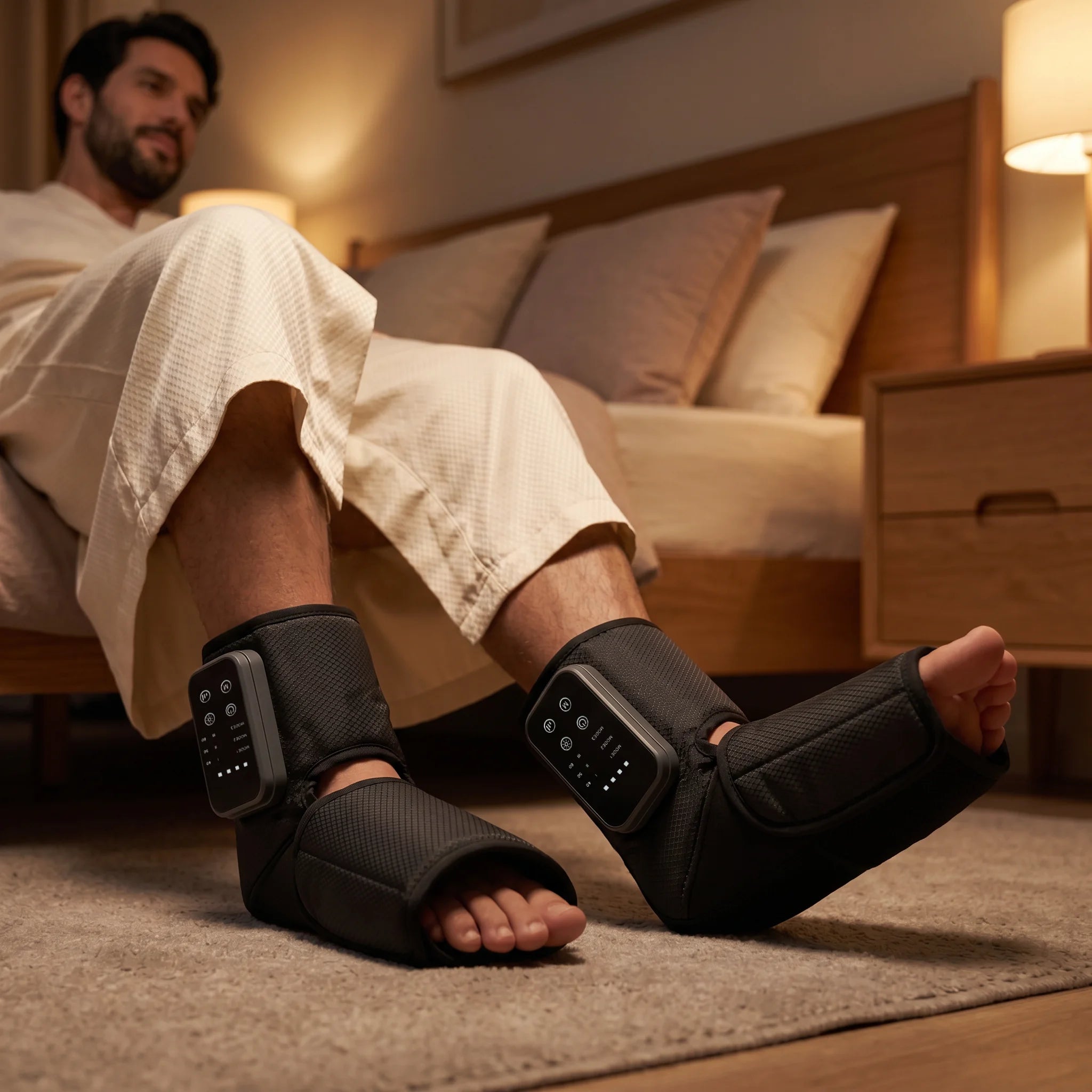 Person using Soothekin foot and ankle massager during bedtime relaxation routine