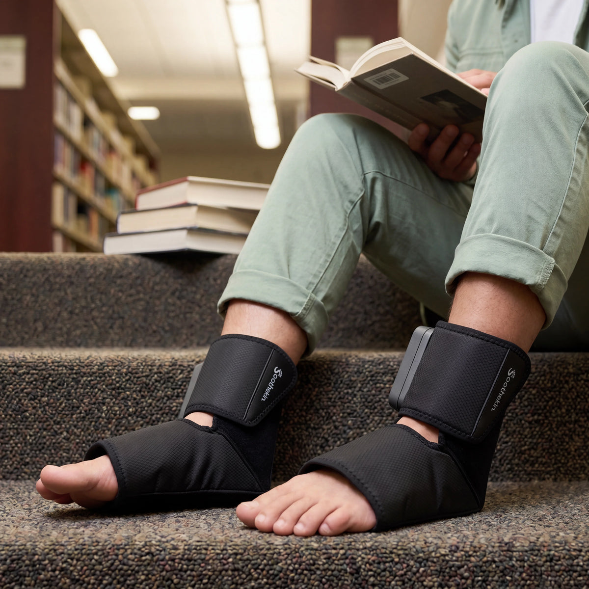Person using Soothekin foot and ankle massager during a reading break