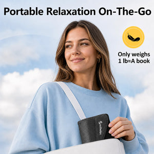 Woman carrying a lightweight Soothekin portable foot massager in a tote bag for on-the-go foot relaxation.